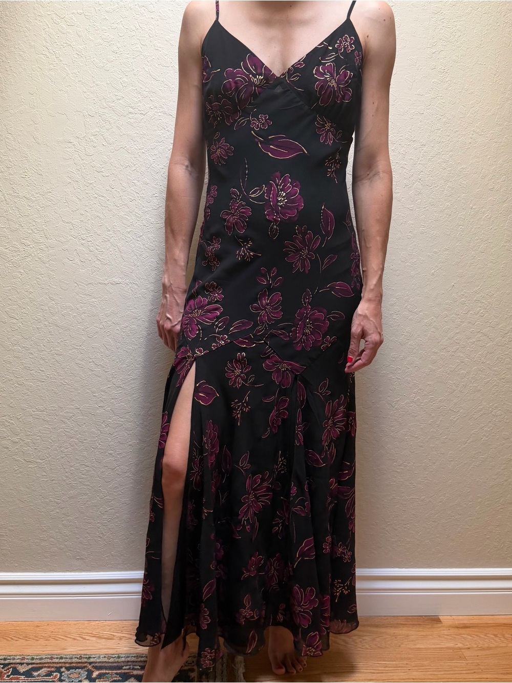Betsey Johnson Black Maxi Slip Dress with Floral Print size 6